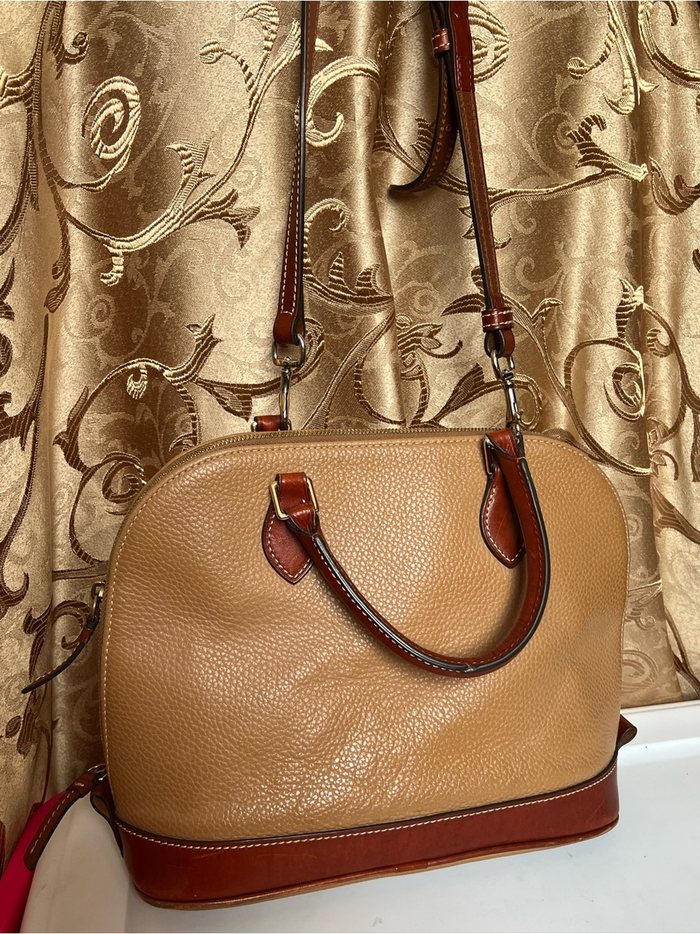 Dooney & Bourke Tan Pebble Leather Satchel crossbody with Brown Trim long strap - Picture 3 of 16